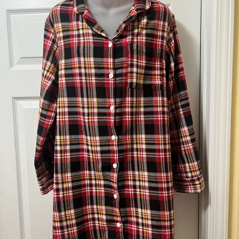 Cozy Plaid Button Down Night Shirt - Red, Black, Yellow